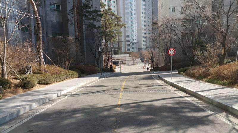 단지를 관통하여 이어져 있는 단지내도로 입니다