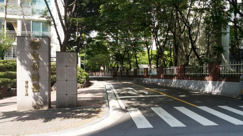 단지 내부로 바로 진입할 수 있는 도로와 횡단보도가 있는 당산효성타운2차 정문입구에요