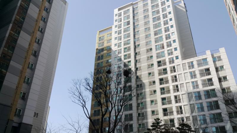 각 라인마다 색을 달리해 전체적으로 화사하면서도 세련된 외관을 선보이는 단지 전경이에요