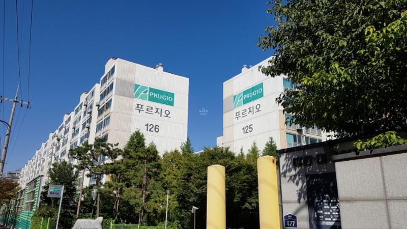 대한대우 아파트 특유의 색채와 디자인이 묻어 있는 단지 외형이에요
