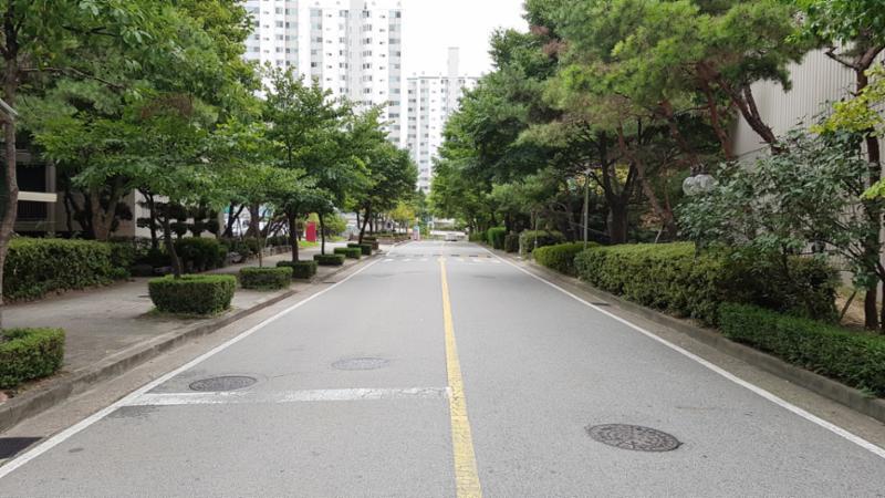 코오롱하늘채 단지는 차로와 보행로가 나누어져 있어 차량이 다니지 않는 안전한 보행로구요