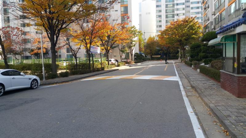 단지 내에서 서행 하도록 과속방지턱이 설치되어 있는 단지 내도로에요