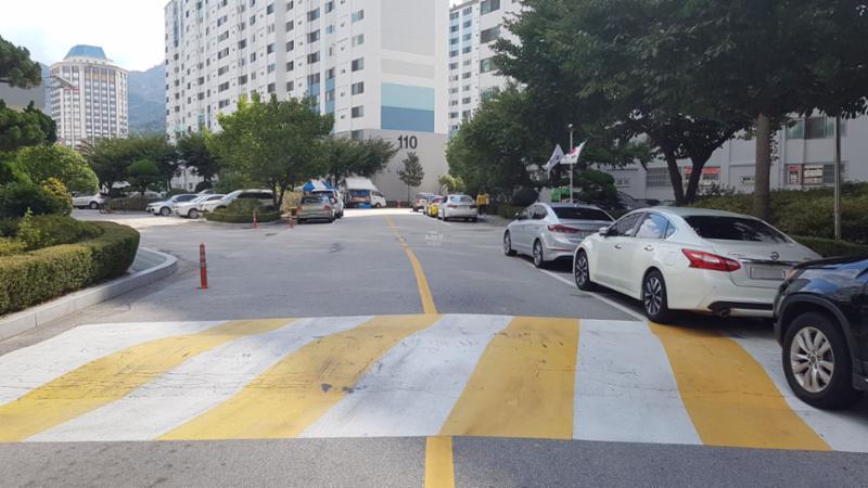 차량 통행로와 보행로가 명확하게 구분된 단지 내 도로에요