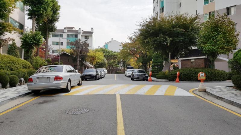 보행로와 통행로가 분리되어 있어 보행자들이 안전하게 통행할 수 있는 단지 내 도로에요
