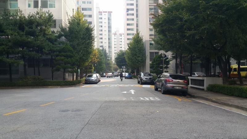 넓은 차량 통행로와 보행로가 나뉘어져 있는 단지 내 도로에요