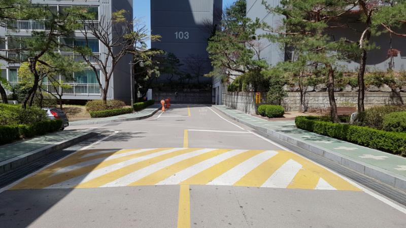 단지 내 차량과 보행자들이 이동하는 도로입니다
